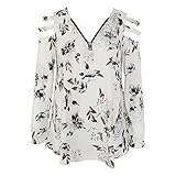Damen Oberteile Mit V-Ausschnitt Und Kalter Schulter Sexy Low Cut ReißVerschluss Riemen Langarm Shirts Casual Tees Lockere Basic Tunika-Oberteile (XXL,Weiß 1)