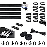 SOULWIT 134 Stück Kabelmanagement Kit, 4 Kabelschläuche, 3 Silikon Kabelhalter, 10+2 Kabelbinder Selbstklebend, 15 Kabelklemmen Groß, 100 Kabelbinder für TV-PC unter Schreibtisch Home O