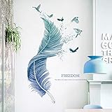 WandSticker4U®- Wandsticker FEDER in Blau I Wandbilder: 124×72cm I Wandtattoo Wohnzimmer modern Sprüche Vogel I Wand Deko für Küche Schlafzimmer Badezimmer Flur Möbel Aufkleber GROß