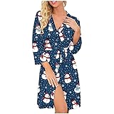 WANGTIANXUE Weihnachten Bademäntel Damen Weihnachts Druck Weiblich Baumwolle Bademantel Herbst und Winter Warme Morgenmantel Supersofter Party Schlafanzüge Langarm Saunamantel Strickjacke Mit T