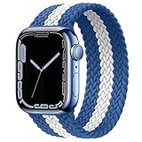 Geflochtene Solo Loop Nylon Armband Kompatibel mit Apple Watch Armbänder SE Series 7/6/5/4/3/2/1,Elastisch Damen Herren Uhrenarmband für iWatch Ersatzband 44mm 40mm 42mm 38mm 45mm 41mm,Blau und weiß