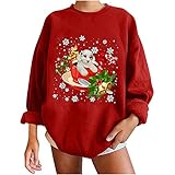 Komiseup Oversize Weihnachtspullover Damen Sweatshirt Süßes Hundedruck Pullover Sweatshirt Damen Langarm Lose Pullover Casual Oberteil Top