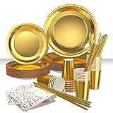 VAINECHAY 120pcs Partygeschirr Geburtstag Mädchen Gold Party Einweggeschirr Teller Hochzeit Papier Geschirr Pappbecher Weiss Serviette Stroh Cocktailhalme Strohhalme, 24 G