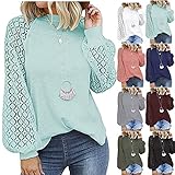 Hirolan Oversize Pullover Damen Oberteile Damen Elegant Causal Langarmshirt T-Shirt Bluse O-Ausschnitt Soild Langarm Spitze SpleißEn Loses Top