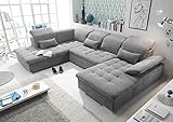 lifestyle4living Wohnlandschaft (XXL) mit Schlaffunktion & Bettkasten, Grau, Microvelourstoff | Gemütliches U-Sofa mit Kopfstützen & Armlehnenverstellung