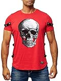 Herren T-Shirt Rundhals Streetwear Stylischer Schädel All Over Skull Front Print Clubwear Stretch S-3XL 150, Farbe:Rot, Größe:2XL