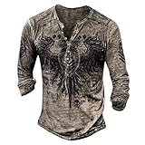 Herren Punk Langarm 3D Grafik Bestickt T-Shirt Schädel Henley Shirt Frühling Herbst Basic Tops Langarm Gedruckt Pullover kragenlos Sweatshirt Atmungsaktiv Leichte Bluse Weich Gemütlich, beige, XXL
