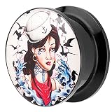 Piersando Ohr Plug Piercing Kunststoff Motiv Comic Picture Flesh Tunnel Ohrplug mit Matrosen Mädchen Maritim Schwarz Bunt 12