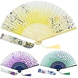 EAONE Abanicos de Mano Hand-Faltfächer, chinesischer Vintage-Stil, mit Stoffhülle, Seidenfächer mit Bambusrahmen und eleganter Quaste, für Party, Hochzeit, Tanz, Dekoration, 3 Stück