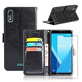 Reshias Hülle Kompatibel mit Wiko Y51, Schwarz PU Leder Flip Brieftasche Schutzhülle mit EIN Gehärtetes Glas Schutzfolie Displayschutzfolie für Wiko Y51 (5,45 Zoll)