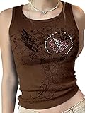 N /D Miucchy Frauen Pflanzendruck Y2K Tank Top Strass Dekoration Runder Kragen Ärmellos Schlankes Leibchen (Brown, Large)