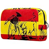 Aufladender Stier in einem Stierkampf auf spanischer Flagge Schminktasche Entzückende Tragbare Reise Kosmetikbeutel Toilettenartikel Organizer Fall Geschenk für Frauen Weich und Langlebig