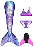 GNFUN Mädchen Meerjungfrauenschwanz Zum Schwimmen mit Meerjungfrau Flosse- Prinzessin Cosplay Bademode für das Schwimmen mit Bikini Set und Monoflosse, 4 Stück Set , Md23 , 130-140