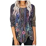 Uniqueunsame Mode für Damen, Knopf, unregelmäßiger Saum, O-Ausschnitt, Langarm-Bluse, lässig bedrucktes Ob