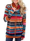 GOSOPIN Damen Sweatshirt Gestreift Rollkragen Pullover Shirt Loose Tops Langarmshirt mit Kordelzug Rot XXL