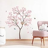 decalmile Wandtattoo Wandtattoo Rosa Kirschblüte Wandsticker Vögeln auf Baum Wandaufkleber Topfpflanze Grüne Wandsticker Wohnzimmer Schlafzimmer Büro Wanddeko(H:100cm)