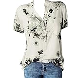 Mophghdj Damen Bluse V-Ausschnitt 3/4 ÄRmel - Blumen Motiv Freizeit Kurzarmshirt GroßE GrößEn Slim Fit Tee LäSsig Basic Bluse Damenshirt Sw