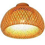 Flurlampe Vintage Deckenleuchte Bambus Flur Lampe Retro Laterne Deckenlampe aus Holz,E27 40W,Rattan Rund Lampenschirm,Rustikal Decke Beleuchtung für Schlafzimmer Korridor Balkon L