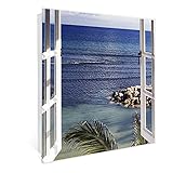 banjado® Großer Schlüsselkasten aus Glas - Schlüsselbox 30cm x 30cm mit 50 Haken - Motiv Fensterpanorama - Schlüsselschrank für Schlüsselaufbewahrung mit beschreibbarer Glastür als Magnettafel nutzb