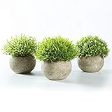 Jobary Set mit 3 künstlichen grünen Gras Pflanzen in grauen Töpfen, kleine dekorative Faux Plastik Pflanzen, ideal für Heim Büro Bad Küche und Outdoor Dek