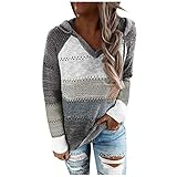 MOKBAY Mode Frauen Casual Patchwork V-Ausschnitt Lange Ärmel Mit Kapuze Pullover Bluse Tops Pullover Sweatshirt Jacken Damen Pulli Damen Sexy Pullover Pulli Damen Pullover Mit Schnürung