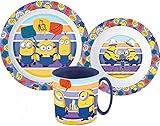 Kinder-Geschirr Set mit Teller, Müslischale und Trinkbecher inkl. Besteck (wiederverwendbar) kompatibel zu (Minions)