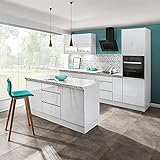 Möbel für Dich Grifflose Hochglanz Inselküche, Einbauküche mit Insel Campari 300+180 cm, Weiß, Schwarz, Grau (Weiß Matt)