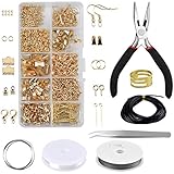 Fangehong Schmuck Basteln Set, Schmuckherstellung Set Ohrringe Armbänder Selber Machen, Schmuck Reparatur Kit Verschlüsse Draht Pinzette Zange Quetschperlen Ösen für Anfänger DIY Bastelbedarf (Gold)