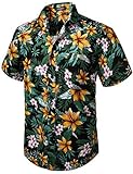 HISDERN Herren Funky Hawaiihemd Blumenhemden Kurzarm Vordertasche Urlaub Sommer Aloha Bedruckter Strand Lässig Schwarz Orange Hawaii B