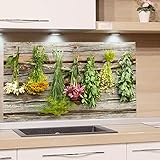GRAZDesign Küchenrückwand Glas Kräuter Küchenkräuter und Blumen - Spritzschutz Küche Herd - Glasrückwand als Glasbild - Holzoptik Holz / 60x60