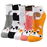 Lustige Socken Damen Bunte Sneaker Socken mit Motiv Tier,Baumwolle Tiersocken mit ohren,Mit Witzig Muster Hund Katze Fuchs Panda Kaninchen,für Frauen Mädchen Weihnachten Geburtstag 5 Paare Gr.35-42