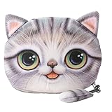 Flauschiger Geldbeutel Münzbörse Make-up- und Kosmetiktasche für Junge Frauen und Mädchen Süßes Katzenmotiv Animal Print Katzenohren und Schwänzchen Reißverschluss (Grau)