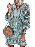 Minetom Sommerkleid Damen Strandkleid Boho Mini Tunika Sommerkleid V-Ausschnitt Blumenkleid Loose T-Shirt Kleid Floral Minikleid Sommerkleider C Grün M