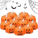 12 Pcs Kürbis Teelichter Kerzen,3D Halloween Kürbis Lichter,Kürbis Kerzen Flammenlose,Halloween Teelicht Deko Pumpkin,LED Flammenlose Kerzen für Halloween Deko,Hochzeit Party, Weihnachten(Smiley)