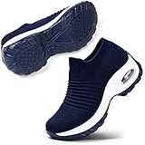 Damen Wanderschuhe Slip-on Lightweight Mesh Sneakers Atmungsaktiv Tennis Bequeme Plateauschuhe (Dunkelblau 35 EU)
