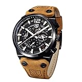 BENYAR Herrenuhr Chronograph Quarz Skelett Militär Herren Sport Outdoor Uhr Großes schwarzes Zifferblatt Braunes L