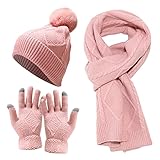 LIEIKIC Schal, Mütze und Handschuh Set, Strickschal Mit Bommelmütze und Touchscreen H