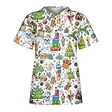 Damen Schlupfkasack Pflege Kasack Nurse Uniformen Kurzarm V-Ausschnitt Krankenschwester T Shirts Tops Cartoon Print Bluse Atmungsaktiv Arbeitsuniform Krankenpfleger Berufsbekleidung mit T