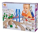 Eichhorn – Schienenbahn mit Brücke – 55-teiliges Holzeisenbahn-Set für Kinder ab 3 Jahren, mit Brücke, Zug, Kirche, Holzauto, uvm., 500 cm Streckenläng