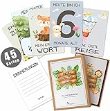 45 Baby Meilensteinkarten Pikaflor für Junge und Mädchen (handgemalte Tiere, Deutsch) Meilenstein Karten Set mit Geschenkbox + Schöne Geschenkidee zur Geburt, Taufe & Babyparty