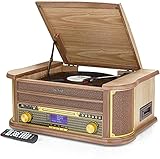 Denver MRD-51BT Plattenspieler aus hellem Holz mit CD-Player, DAB- und FM-Radio, Bluetooth, Plattenspieler, Kassette, MP3 USB und AUX IN für Smartphone und Tab