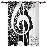 CUUGF Schwarzweiß Musik Mädchen Abstrakt Verdunkelungsvorhang 2Er Set, Thermisch Verdunkelnder Vorhang Mit Ösen, Verdunkelung, Blickdichte Fenstervorhänge, Vorhänge Für Kinderzimmer, Sch 170x200
