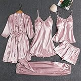 SANHAN Mulberry Silk Pajama Set,Blushy Silk 5 Piece Pajama Set,Women Girls Ladies Nightwear Silk Satin Pajamas Sleepwear Stain Lace Floral Nighties 5Pcs (Pink,M)