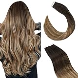 Ugeat Tape Extensions Echthaar Haartressen Band 20Stücke/50Gramm Echthaar Extensions Tape in Brazilian Haarverlängerung #2/6/12 Dunkelstes Braun zu Mittelbraun und Goldbraun Balayage 35