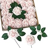 FULUGO Künstliche Blumen 25 Stück Blush Foam Fake Rosen mit Blättern und Stielen für DIY Hochzeitssträuße Brautdusche Tafelaufsatz Party Dekorationen und Geburtstagsparty-Dekorationen (Rouge)