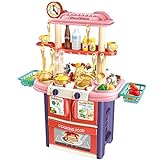 CaoQuanBaiHuoDian Kinder Bausteine Chef-Küchen-Spielset Rollenspiel for Kinder Kinderkoch Spielzeug Set mit simuliertem Dampf Abwasser Eigenschaften Pretend (Color : Pink, Size : 58x18x38.5cm)