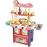 CaoQuanBaiHuoDian Kinder Bausteine Chef-Küchen-Spielset Rollenspiel for Kinder Kinderkoch Spielzeug Set mit simuliertem Dampf Abwasser Eigenschaften Pretend (Color : Pink, Size : 58x18x38.5cm)