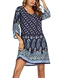 Beyove Damen Bohemian Tunika Kleid Strandkleid Tunikakleider Vintage Strandtunika 3/4-Arm Rundhals Kleid Blumenmuster Kurzes Sommerkleider Top