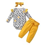 Rehomy Baby Mädchen Kleidung Set Neugeborene Valentinstag Outfits Säugling Kleinkind Langarm Strampler Hosen mit Schleife Stirnband 3-teilig Gr. 80, Weiß + Schwarz + Gelb