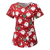 Kasacks Damen Pflege Motiv Sommer LäSsig Sommer Arbeitsuniform Bluse T-Shirt Uniformen Weihnachtsdruck V-Ausschnitt Mock Wrap Scrub Unisex Top Einfarbig Kurzarm Gute QualitäT V-Neck Top